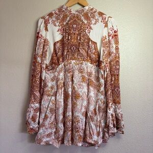 Free People Ivory Orange Lady Luck Tunic Dress size XS High Neck Tie Back Boho